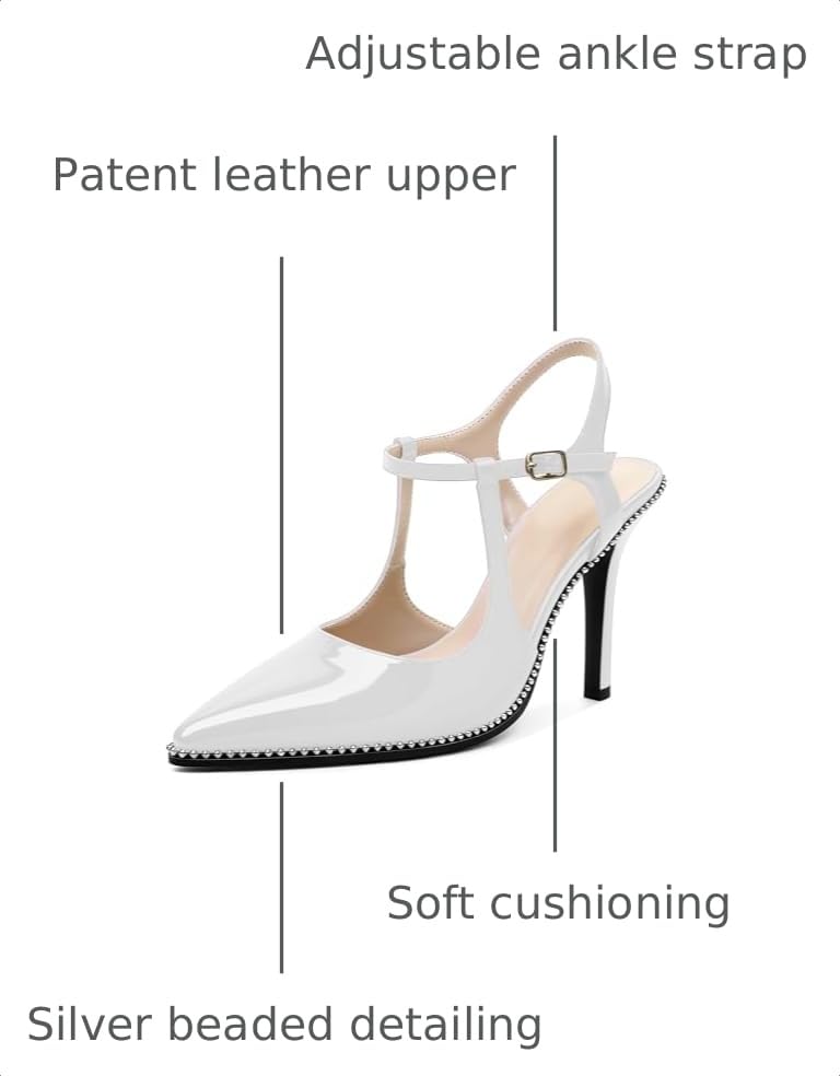 Image of SAMMITOP Womens High Heels Ankle Strap Pointed Toe Stilettos Patent Leather Beaded Pumps Dress Shoes 3.5 Inch