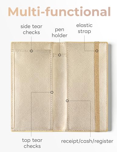 Image of Yarnic Checkbook Cover for Personal Checkbook, Checkbook Holder with Pen Holder & Built-in Clear Plastic Divider for Duplicate Checks (Gold)