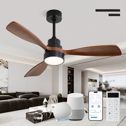 CACI Mall 48 inch Ceiling Fans with Lights Smart Indoor/Outdoor Ceiling Fan Remote Control Compatible with Alexa/Google Small 3 Blade Solid Wood Ceiling Fans for Bedroom Patio