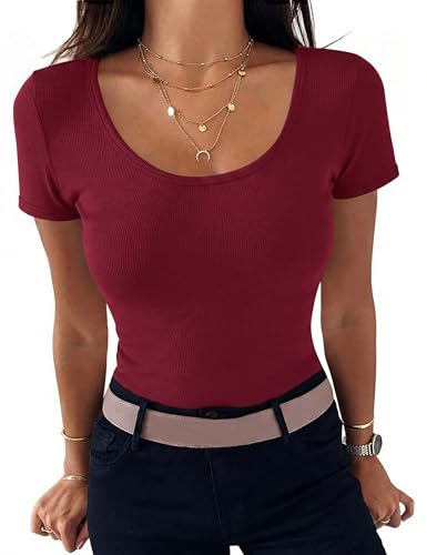 Aottori Tee Shirt Femme Col Rond Manche Courte Tshirt Femme Ete Décontracté Couleur Unie Haut Bordeaux XL