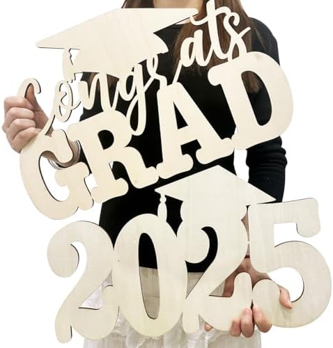 2Pcs Class of 2025 Wood Signs Graduation Decorations 2025 Wooden Sign Congrats Grad Photo Booth Props for Graduation Party Decorations Wood Cutout College High School Party Supplies