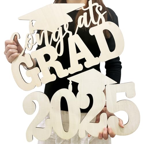 2Pcs Class of 2025 Wood Signs Graduation Decorations 2025 Wooden Sign Congrats Grad Photo Booth Props for Graduation Party Decorations Wood Cutout College High School Party Supplies
