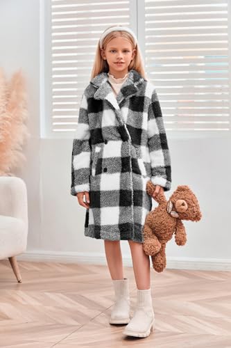 Meikulo Girls Plaid Fleece Jacket Kids Sherpa Long Winter Coats Lapel Fashion Outerwear 5-14 Years2