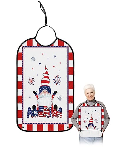 4th of July Adult Bibs for Eating, Waterproof Bibs with Food Catcher & Adjustable Snap Closure, Independence Day American Flag Gnomes Red Plaid Clothing Protectors Adult Bibs for Elderly Women/Men