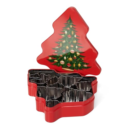 Patisse 13728 - Caja para galletas, metal, abeto, con 7 cortadores de galletas, acero inoxidable, 5 abetos: 4 cm, 6 cm, 7 cm, 8 cm, 1 ardilla de 5 cm, 1 hoja de acebo 5 cm