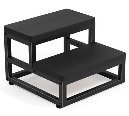 Two-Step Stool for Adults & Kids, Waterproof HDPE Bed Step with Adjustable Non-Slip Feet, Sturdy Metal Frame for Kitchen, Bathroom, Bedroom, RV & Outdoor Use, Black