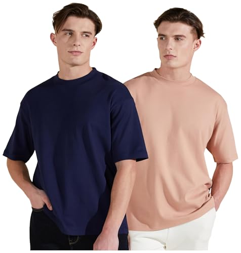 Image of Amazon Brand - Symbol Men's Fit Cotton Solid Oversized Round Neck T-Shirt (Academy Navy + Dusky Pink XL) (Combo Pack of 2)