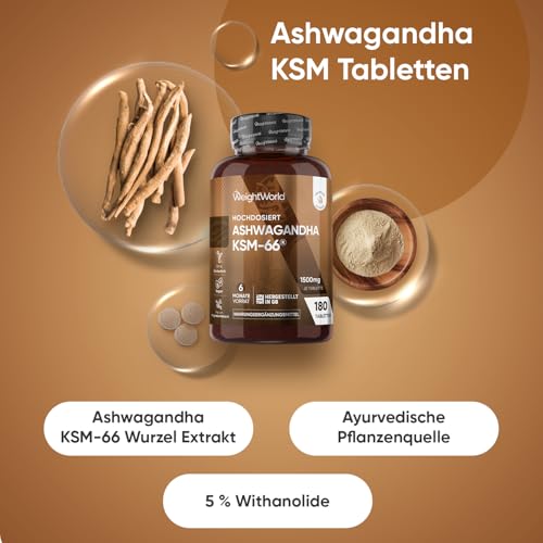 Ashwagandha KSM-66-1500 mg Ashwagandha Extrakt täglich - 5% Withanolide - 6 Monate Vorrat mit 180 vegane Tabletten - 1 Tablette täglich - Indischer Ginseng - Withania Somnifera von WeightWorld