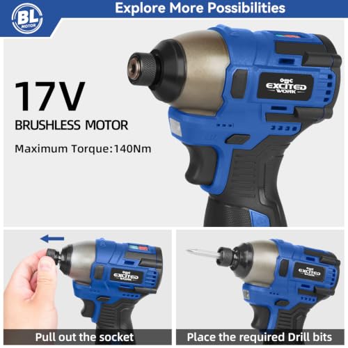 Image of 17V Brushless Screwdriver, 140Nm Cordless Impact Driver Set with 3 Adjustable Speed, 2 Batteries and Led Work Light (Blue)
