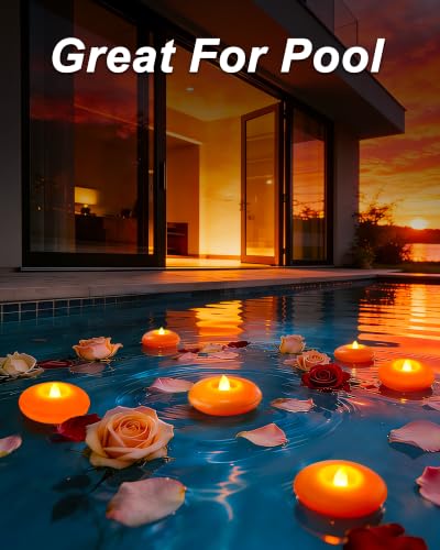 Image of Homemory 12Pack 3 inch Orange Flameless Floating LED Tealight Candles | Waterproof battery operated 200h runtime, water sensor activated, flicking flame, for halloween party centerpiece decor