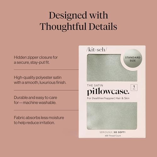 Image of Kitsch Satin Pillowcase with Zipper - Standard Size, Sage | Softer Than Silk Pillow Cases, Smooth Cooling Satin Pillow Case for Hair and Skin, Wrinkle-Free, Machine Washable