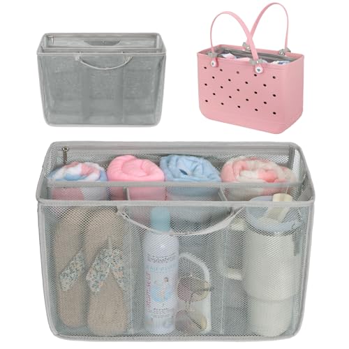 F-color Beach Bag Organizer Compatible with Bogg Bag Original Large Bogg Bag Organizer Accessories Insert with 10 Pockets & Adjustable Handle Lightweight Mesh Tote Liner Divider for Organizing Grey