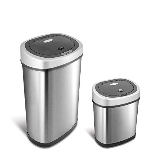 Ninestars CB-DZT-50-9/12-9 Automatic Touchless Infrared Motion Sensor Trash Can Combo Set, 13 Gal 50L & 3 Gal 12L, Stainless Steel Base (Oval, Silver/Black Lid)