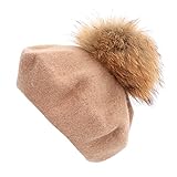 Ayuduots Big Pompom Women Beret, Furry Faux Fur Ball Artist Beret Hat for Girls, Vintage Autumn Spring Wool Knitted Cap Khaki