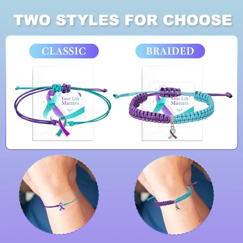 MOSOTECH 10 Pcs Suicide Prevention Awareness Bracelets with Independent Package of Each Piece, Adjustable Cord Purple Teal Ribbon Braided Bracelets for Women Men, Charity Public Activity Supplies Gift2