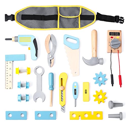 umu® Juego de Herramientas de Madera para niños con Taladro, Sierra, Tornillos, etc., Cinturón de Herramientas para Juegos de imitación, Juguete de Madera de 25 pzas. para niños de 3, 4, 5 años