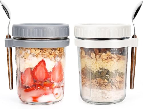 Red Dot Gift Overnight Oats Jars 2 Color (White And Grey) with Spoon and Lid Airtight Oatmeal Container with Measurement Marks Mason Jars with Lid for Cereal on the Go Container.