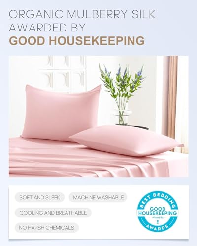 Image of Craftelio Satin Pillow Covers Set of 2 with 3 Free Random Color Scrunchies - Luxurious, Soft & Smooth Cushion Cases for Skin and Hair Care (Pink)