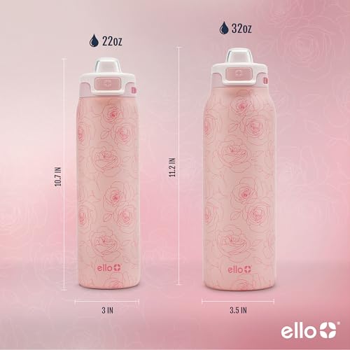 Image of Ello Pop & Fill 22oz Stainless Steel Water Bottle with Quick Fill Technology, Double Walled and Vacuum Insulated Metal, Leak Proof Locking Lid, Sip and Chug, Reusable, BPA Free, Roses