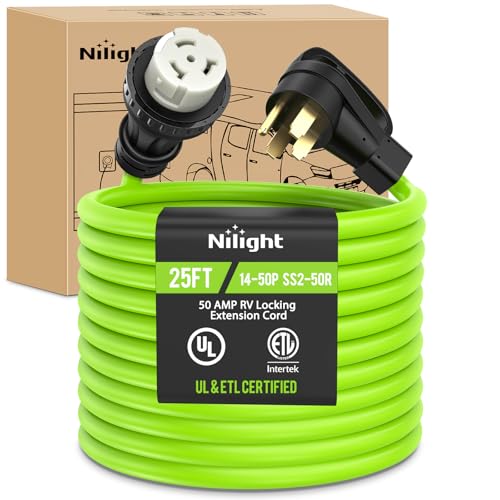 Image of Nilight 25FT 50 Amp RV Locking Extension Cord 250V Heavy Duty 6 /3+8 /1 Gauge Pure Copper STW Wire UL ETL Listed 4 Prong 14-50P SS2-50R Weatherproof Suit for Camper Caravan Trailer Bright Green