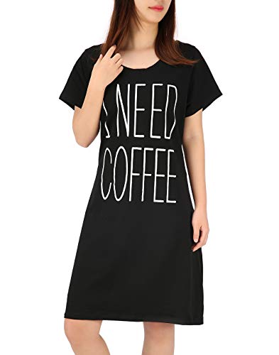 HDE Womens Cotton Sleepwear Nightgowns Short Sleeve Sleepshirt Print Night Shirt Loungewear Pajama Shirt Dress Plus Size S-5X - 2X 3X, Need Coffee