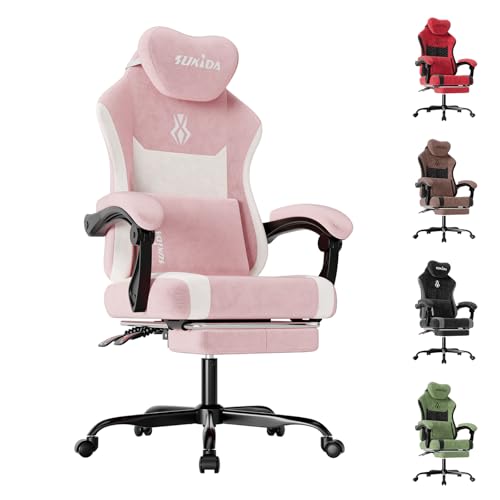 SUKIDA Gaming Stuhl, Ergonomischer Schreibtischstuhl mit Fußstütze Kopfstütze und Lendenkissen, Schreibtischstuhl mit Stoffoberfläche Hochwertiger - Stoff, Rosa