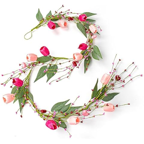 Yawwind 5 FT Artificial Valentine Garland Romantic Valentines Day Garlands Farmhouse Valentines Day Floral Garlands with Tulip Heart Berries for Mantle Table Stairs Indoor Outside Holiday Cover
