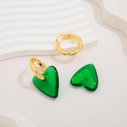 WOWORAMA Acrylic Resin Earrings for Women Green Red Heart Hoop Earrings Convertible Gold Chunky Hoops Lightweight Statement Dangles Earring