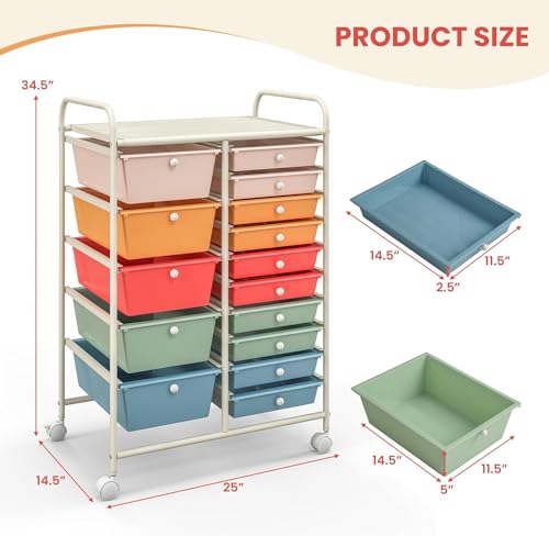 Image of LDAILY 15 Drawer Rolling Storage Cart, Rolling Cart with Drawers for Classroom, Art Supply Craft Organizer on Wheel with Metal Frame & Handles for Home Office School