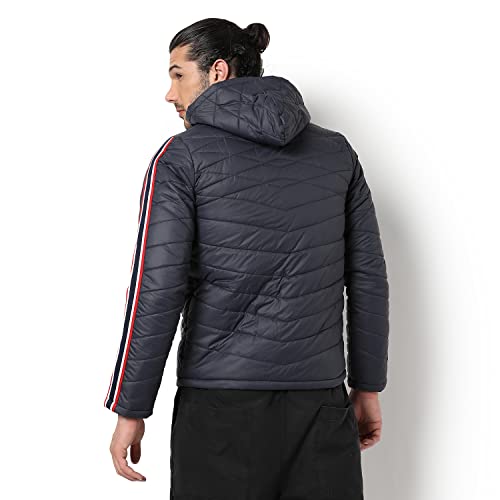 Image of CAHOOT Men's Quilted Puffer Jacket With Contrast Striped Sleeve For Casual Wear | Hood Neck | Long Sleeve | Zip Closure | Polyester Jacket Crafted With Comfort Fit For Everyday Wear