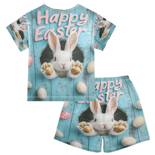 ALAZA Easter Rabbit Bunny Egg Blue Pajamas Set Short Sleeve Cotton Sleepwear Summer Pjs 2 Piece 5-14Y2