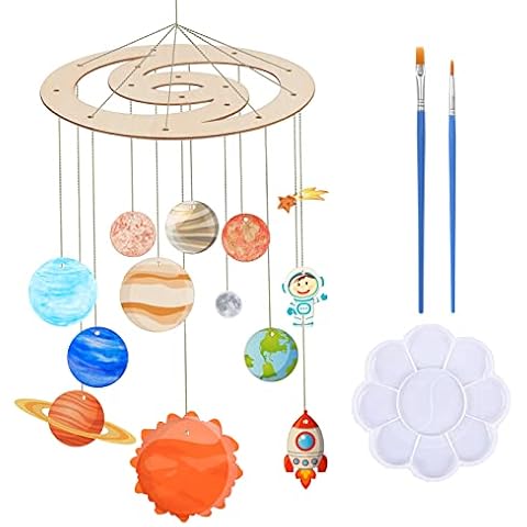 LOOPES Wooden Solar System Kit for Kids 3D Wooden Mobile Kit Hanging Decoration with 2 Brushes and Mini Tray for Children Girl Boy Easter DIY Painting Crafts Educational Activity Cover