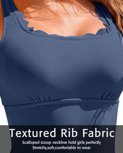 Image of Charmo Womens Scalloped One Piece Swimsuits Modest Bathing Suits | Square Neck,Ribbed,Push Up Removable Cups,Adjustable Wide Straps,Cutout Back,Beach,Pool