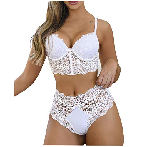 aliveGOT Women's Two Piece Lingerie Sexy Lace Bodysuit Deep V Teddy Underwire Lace Babydoll Valentine's Day Lingerie White