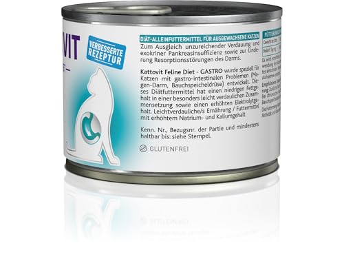 KATTOVIT - Gastro Nassfutter für Katzen | Katzen-Nassfutter zur Unterstützung des Magen-Darm-Systems | Diät-Alleinfuttermittel in der Dose für ausgewachsene Katzen. Glutenfrei | 12 x 185 g P