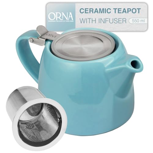 Image of ORNA Teapot with Infuser – 550ml / 18.6 oz Ceramic Teapot with Strainer for 2 Cups – Small Tea Pot Infuser for Loose Tea – Stump Herbal Tea Pot with Filter for One – Turquiose