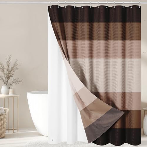 Nesphy Shower Curtain and Liner Brown Striped 3 in 1 Shower Curtain and PEVA Liner Set with 12 Rust-Resistant Metal Hooks Waterproof Fabric Shower Curtains for Bathroom 72 W x 72 H