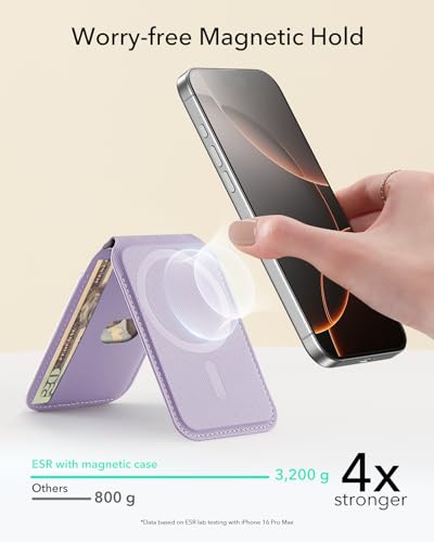 Image of ESR Aura for MagSafe Wallet with Adjustable Stand, RFID Blocking, MagSafe Ring Included, 5 Card Holder Magnetic Wallet for iPhone 17e /17 /16 /15 /14 /13 /12, Not for 13 /12 Mini, Selected Samsung, Lavender