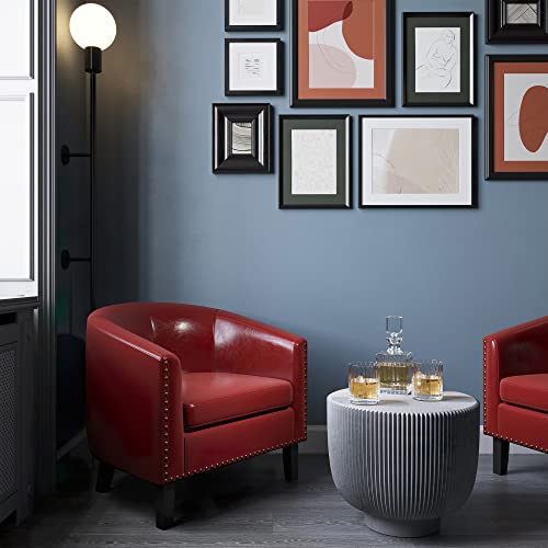 Image of BELLEZE Accent Barrel Chairs Set of 2, Modern Tub Club Chairs Upholstered Armchairs for Living Room, Faux Leather Chairs with Gold Nail Head Trim Black Legs - Kyara (Red)
