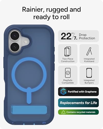 Image of ZAGG Rainier Case with Kickstand for iPhone 17 - Blue Cobalt Horizon, Graphene 22ft (7m) Drop Protection, Lanyard Attach Points, MagSafe, Wireless Charging Compatible, 2-Piece Design, Phone Case