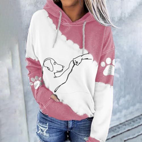 Generisch Winter Pulli für Damen, süßes Hundemotiv, Fauststoß-Grafik, langärmelig, Übergröße, Kapuzenpullover mit Taschen Damen Mit Ohren (XXL)