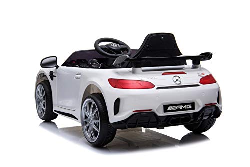 ES-TOYS Kinderfahrzeug - Elektro Auto Mercedes GT R - lizenziert - 12V4,5AH, 2 Motoren- 2,4Ghz Fernsteuerung, MP3, Ledersitz+Eva (Weiss)