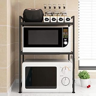 SEEZSSA Expandable Microwave Oven Rack, 3-Tier Kitchen Microwave Shelf with 3 Hooks, Height & Width Adjustable, Carbon Steel Kitchen Storage Organizer Counter Shelf Stand, Black (40-64 x 29 x 78 cm)