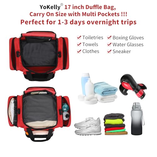 Image of Small Duffel Bag, 17 inch, Red | 25L, Multi Pockets, Carry On, Weekender Bag, Travel Gym Sport, 17x10x9 in