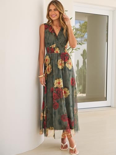 Image of ANRABESS Women's Floral Tulle Wedding Guest Maxi Dress | V Neck Sleeveless,A-Line Elastic Waist,Casual Flowy Formal Boho,Bridal Shower Garden Party Beach Vacation,Summer Fall