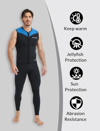 Lemorecn Wetsuit Top Men, 3mm Sleeveless Neoprene Wet Suit Tops Jacket Front Zip Diving Vest for Water Sports(2095blue-L)