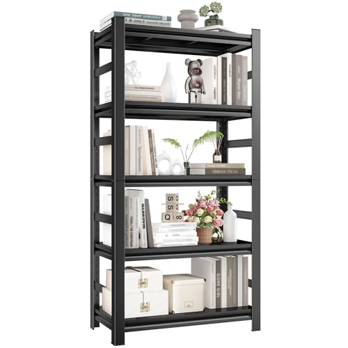 Metal Book Shelf,5 Tier Adjustable Bookcase,Modern Tall Bookshelf for CDs/Movies/Books,Industrial Bookshelves Storage Shelves for Bedroom Home Office Kitchen Living Room,Black