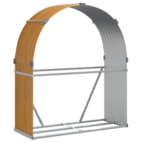 ACAGALA Soporte para leña de chimenea de metal, 120 x 45 x 140 cm, estantería para leña exterior, almacenamiento de leña, acero galvanizado, aspecto de madera