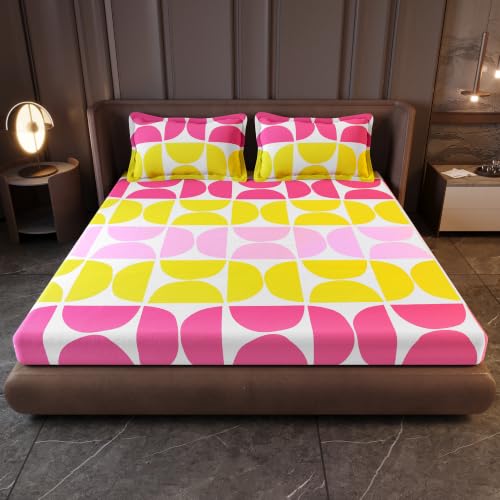 Image of Divine Casa King Size Fitted Bedsheet with 2 Pillow Covers (200 x 180 CM) | Cotton Twill Satin Retro Geometric Print | Pink & Yellow Elastic Fitted Sheet for Mattress.
