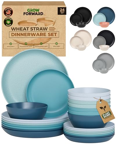 Grow Forward 24-piece Premium Wheat Straw Dinnerware Sets for 8 - Unbreakable Dishwasher & Microwave Safe Plastic Plates and Bowls Sets - Patio, Outdoors, RV, Camping Dishes - Seascape